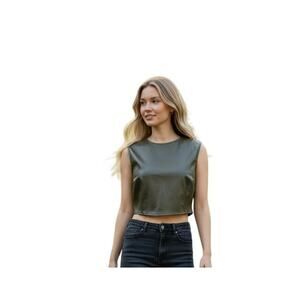 Zara Olive Green Faux Leather Crop Vest Womens Medium Minimalist Sleeveless Top